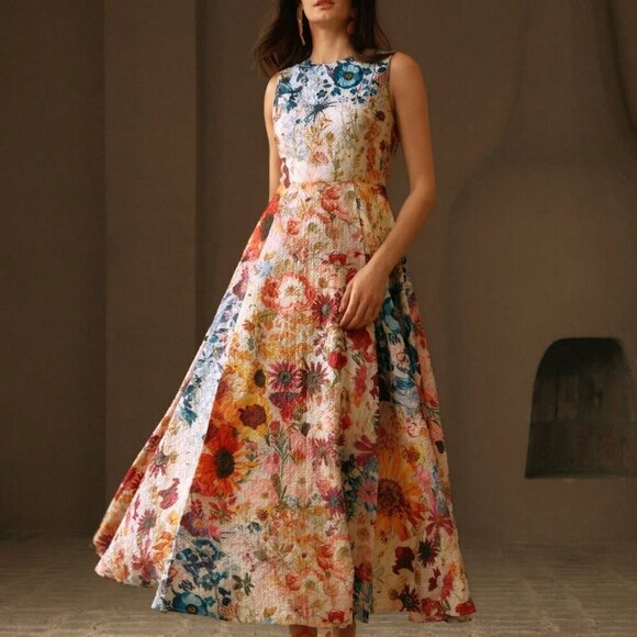 Multicolor Boho Women's Round Neck Floral Waist Fitted A-Line Dress - Picture 5 of 6